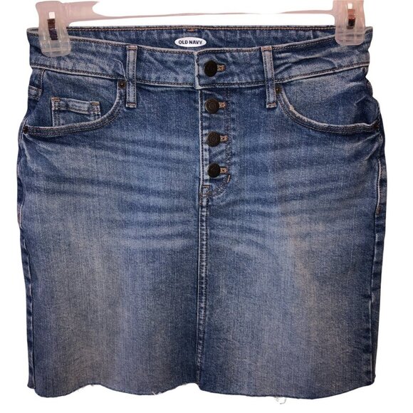 Old Navy Women Size 4 Blue Denim Jean Button Front Raw Hem Straight Casual Skirt - Picture 1 of 7